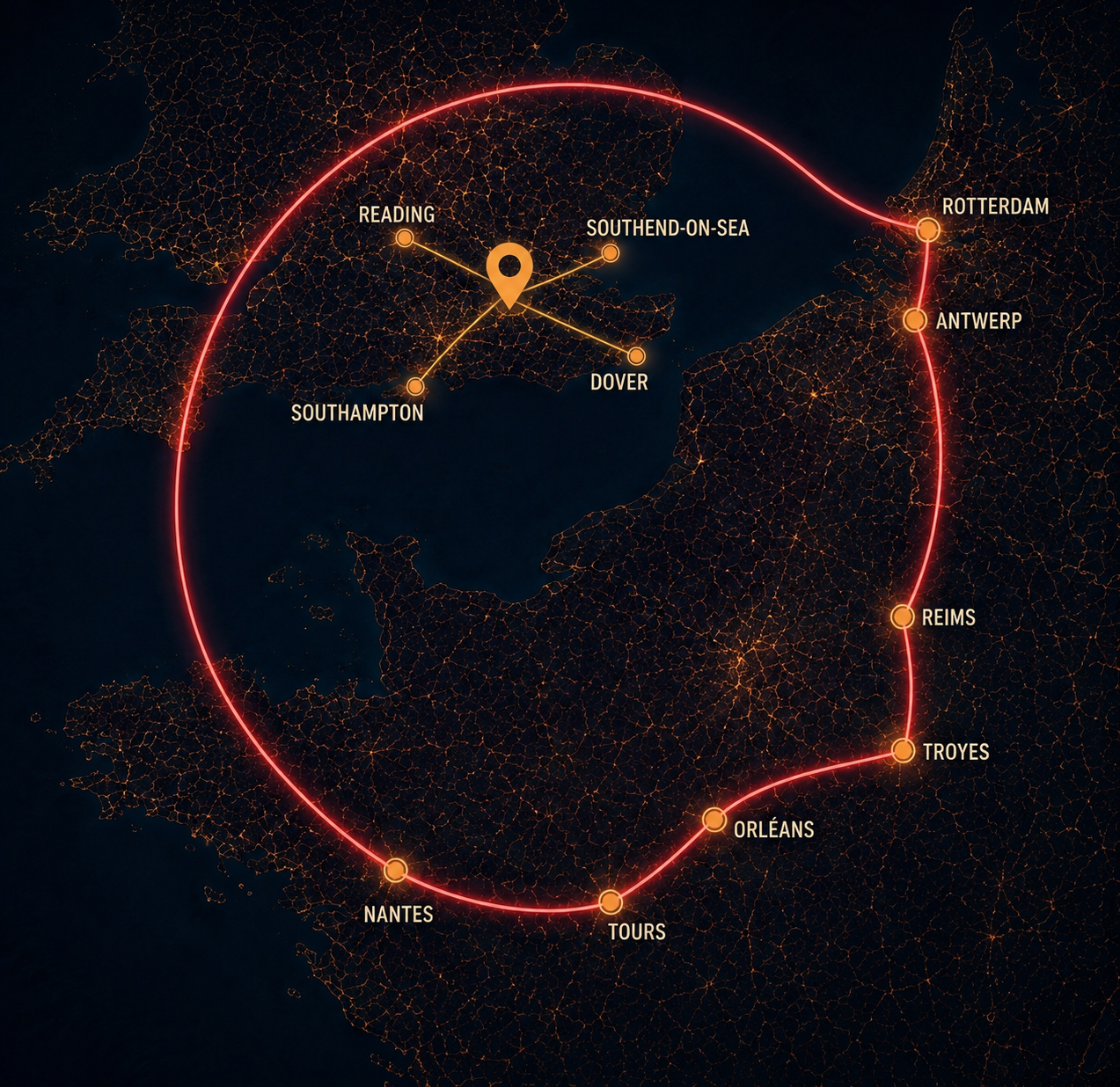 Map showing selected UK to European transport routes from Reading, Southend-on-Sea, Southampton and Dover to Rotterdam, Antwerp, Reims, Troyes, Orleans, Tours and Nantes