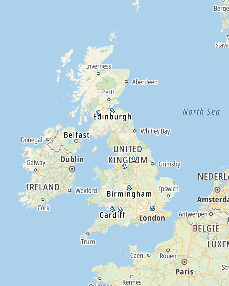 Colour map of the United Kingdom with markers over London, Manchester, Birmingham, Edinburgh, Glasgow, Bristol, Leeds and Cardiff