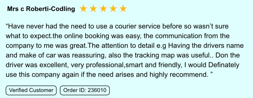 Five-star review from Mrs C Roberti-Codling — click to enlarge